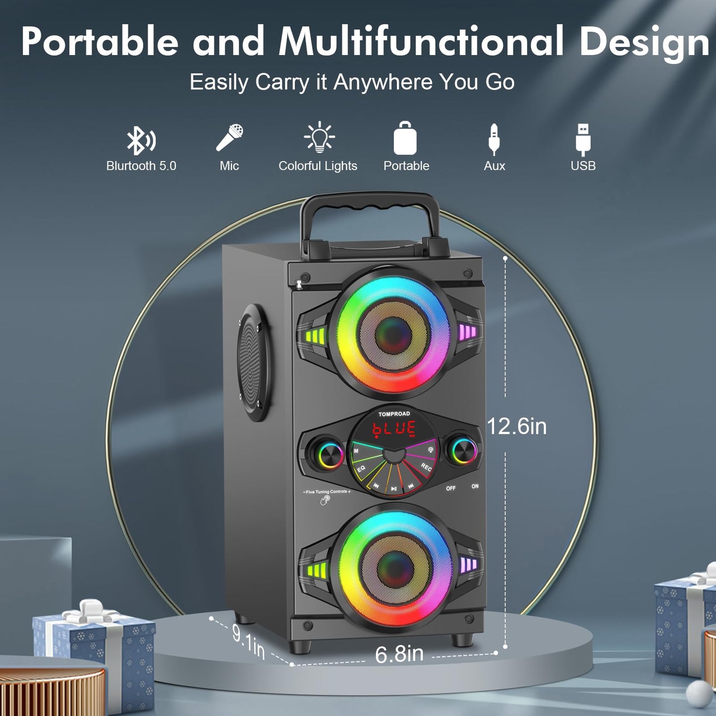 Compact A52 2.2 channel portable wireless speaker with Bluetooth connectivity, sleek black design, enhanced bass, and long-lasting battery life.