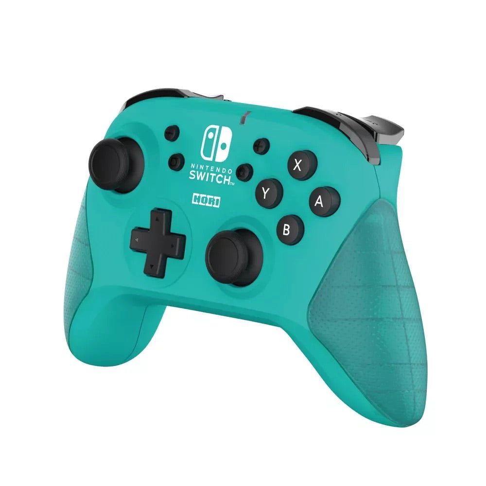 Ergonomic Hori Nintendo Switch wireless Horipad controller in teal, featuring responsive buttons, motion controls, and rechargeable battery for seamless gaming.